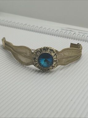 Vintage 50’s Gold Mesh Bracelet with Blue Ravioli Crystal Center